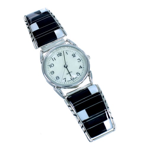 Sterling Silver Mother Of Pearl And Black Inlay Watch NS38096