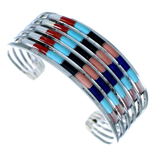 Multicolor Inlay Genuine Sterling Silver Zuni Cuff Bracelet RX107146