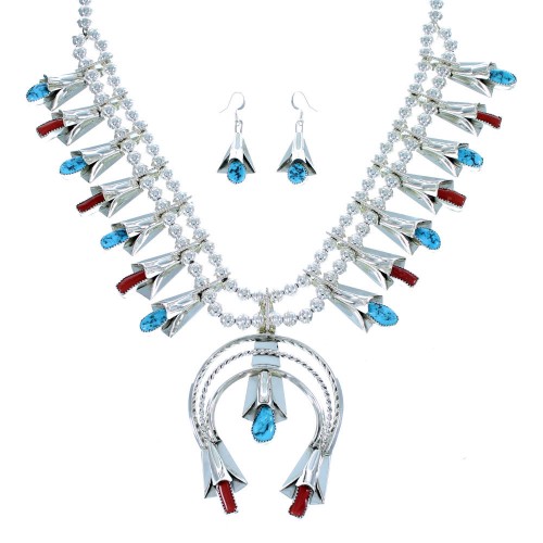 Turquoise And Coral Sterling Silver Navajo Squash Blossom Necklace Set SX107189