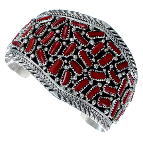 Navajo Genuine Sterling Silver And Coral Cuff Bracelet SX107406