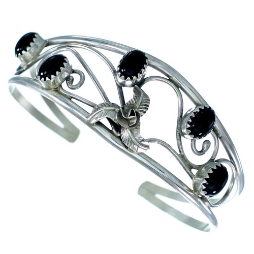 Genuine Sterling Silver Flower And Leaf Onyx Navajo Cuff Bracelet SX107410