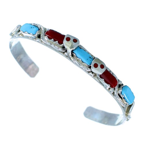 Turquoise And Coral Zuni Effie Calavaza Snake Sterling Silver Cuff Bracelet SX107593