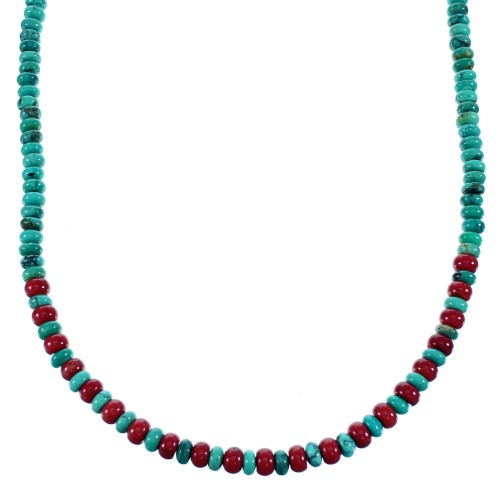 Navajo Indian Turquoise And Coral Genuine Sterling Silver Bead Necklace SX108098