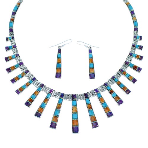 Multicolor Inlay Southwest Silver Link Necklace Earrings Set PX37791