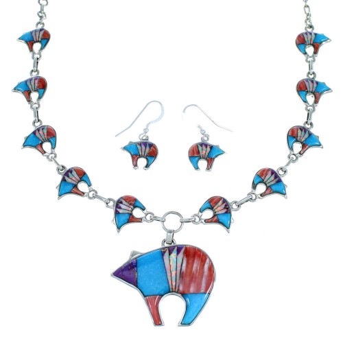 Multicolor Sterling Silver Bear Link Necklace Earrings Set PX35826