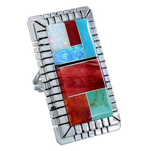 Native American Ray Jack Navajo Authentic Sterling Silver Multicolor Ring Size 8-3/4 SX108485