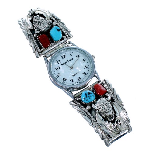 Turquoise Coral Genuine Sterling Silver Navajo Buffalo Watch RX108565