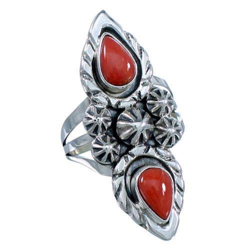 Genuine Sterling Silver Navajo Coral Tear Drop Ring Size 6-3/4 SX108606