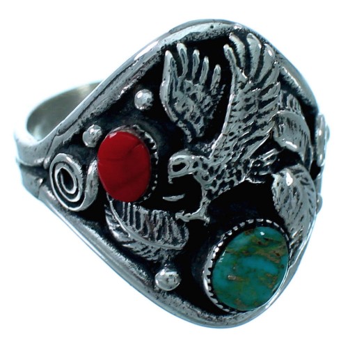 Turquoise And Coral Eagle Southwestern Sterling Silver Ring Size 12-1/2 SX108629