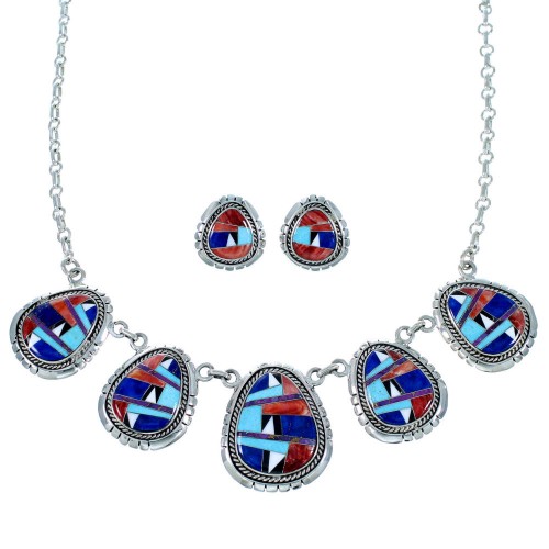 Southwest Jewelry Multicolor Inlay Link Necklace Earrings Set PX36799