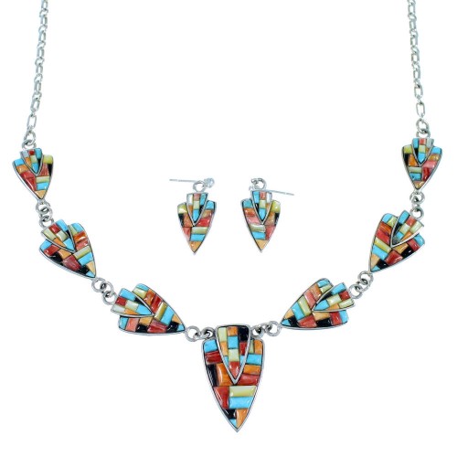 Sterling Silver Multicolor Link Necklace Earrings Jewelry Set RS34221