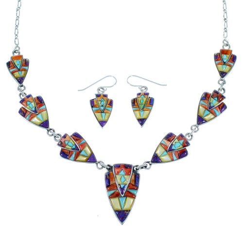 Multicolor Inlay Jewelry Silver Earrings Link Necklace Set PX36964