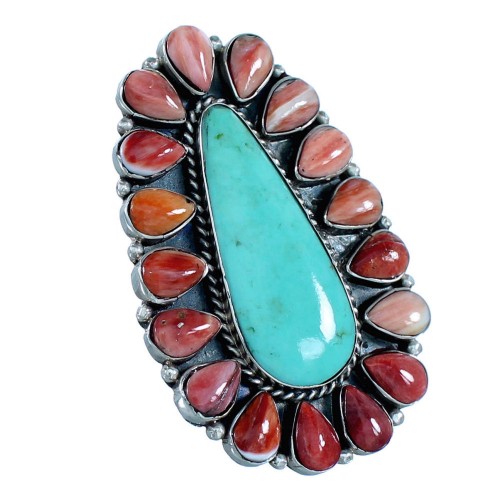 Turquoise And Red Oyster Shell Sterling Silver Ring Size 5-3/4 RS35819