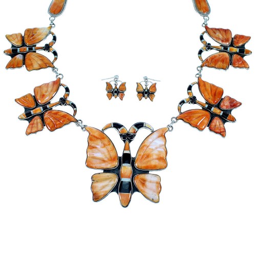 Multicolor Inlay Sterling Silver Butterfly Link Necklace Set PX37370