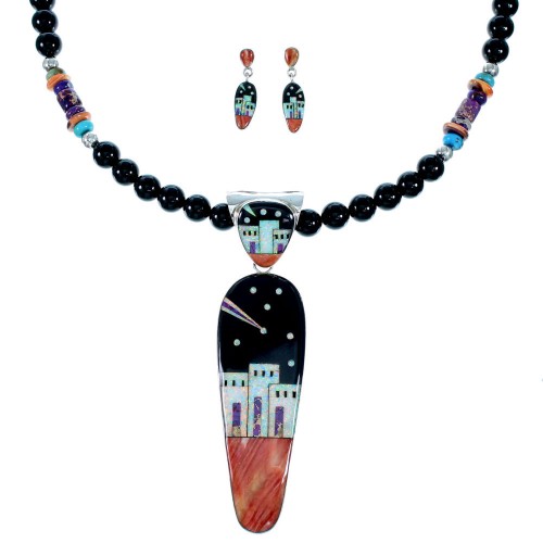 Sterling Silver Multicolor Inlay Pueblo Design Necklace Earrings Pendant Set RX108636