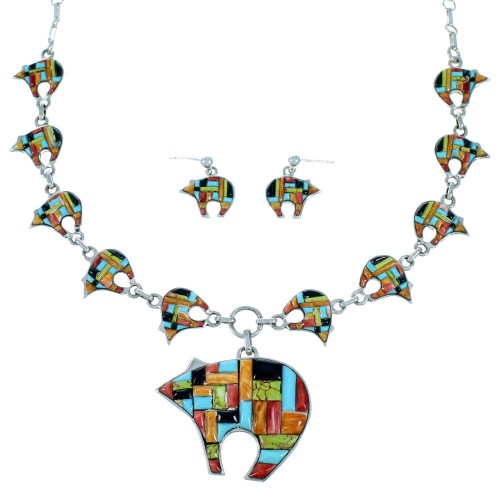 Multicolor Sterling Silver Bear Link Necklace Earrings Set PX37264