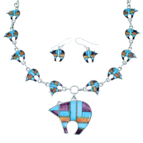 Turquoise Multicolor Sterling Silver Bear Link Necklace Set HS28660 