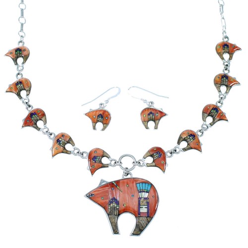 Silver Multicolor Bear Mesa Design Link Necklace Earrings PX36750
