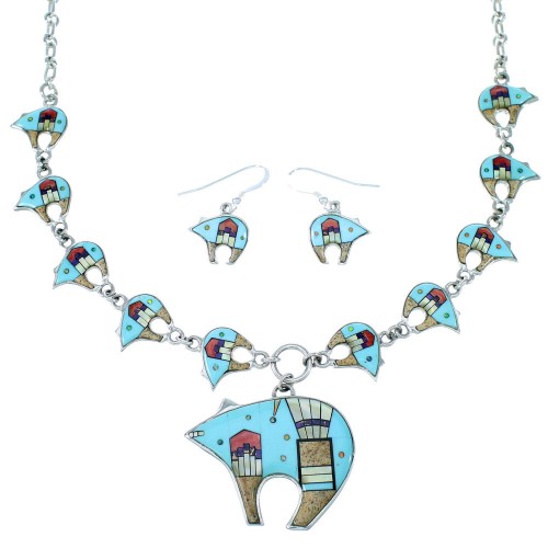 Native Mesa Design Multicolor Bear Link Necklace Earrings PX37961