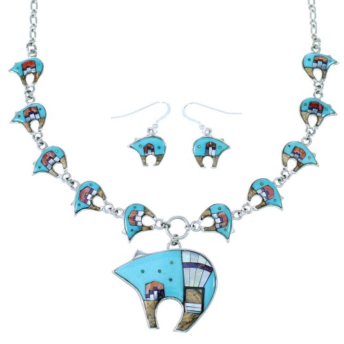 Silver Multicolor Bear Mesa Design Link Necklace Set PX37973