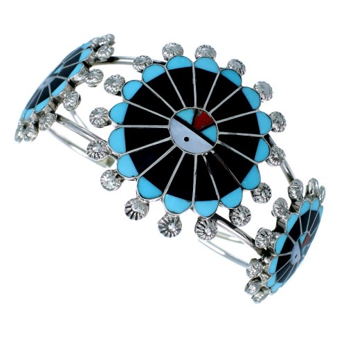 Multicolor Inlay Zuni Sun Sterling Silver Cuff Bracelet RX108655