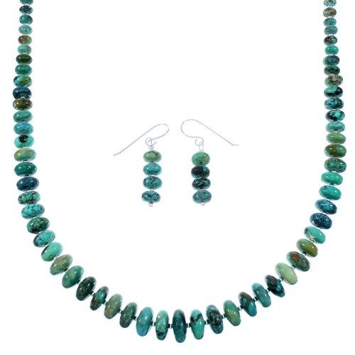 Navajo Turquoise And Sterling Silver Bead Necklace And Earring Set SX108691