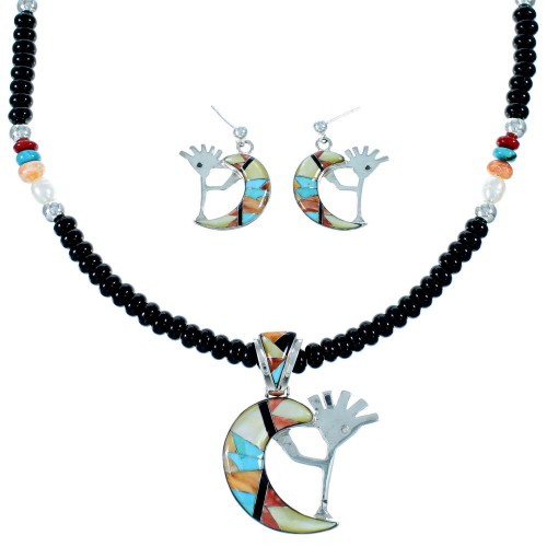 Multicolor Kokopelli WhiteRock Pendant Necklace Earrings Set GS74424