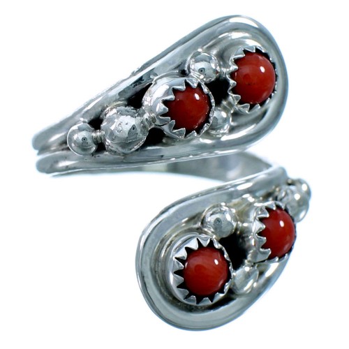 American Indian Sterling Silver Coral Adjustable Ring Size 7,8,9 RX109477