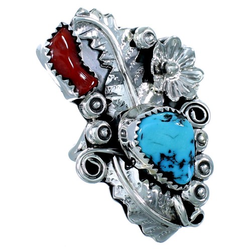 Navajo Turquoise And Coral Genuine Sterling Silver Floral Ring Size 6-3/4 SX109702