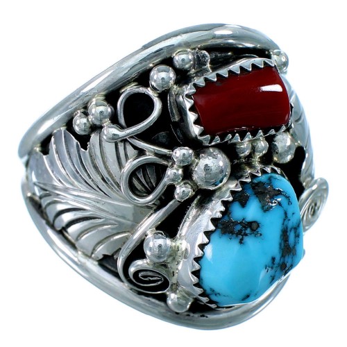 Authentic Sterling Silver Turquoise And Coral Navajo Leaf Ring Size 13-3/4 SX109715