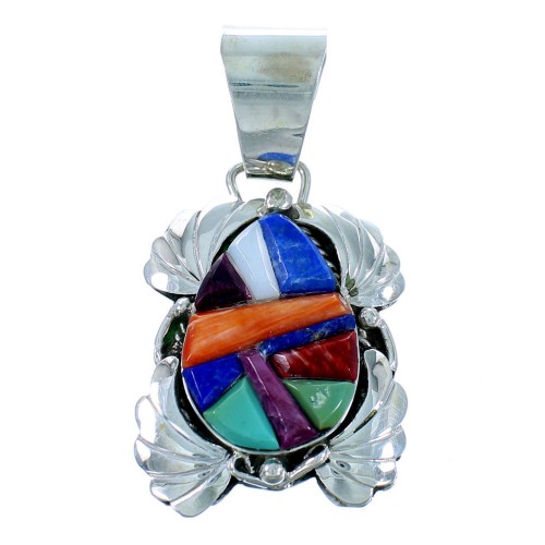 Authentic Sterling Silver Multicolor Cobble Inlay Navajo Pendant SX109743