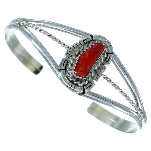 Navajo Coral Sterling Silver Water Wave Cuff Bracelet SX110341