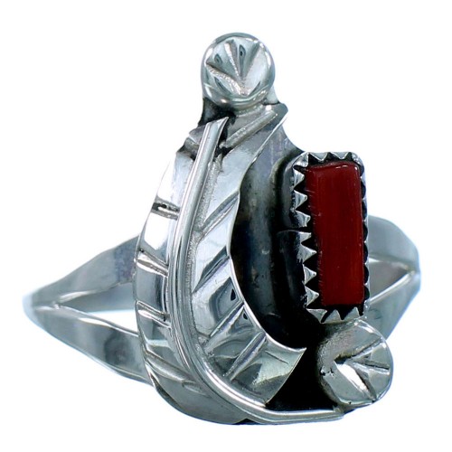 Zuni Coral Genuine Sterling Silver Leaf Ring Size 7-1/2 RX110859