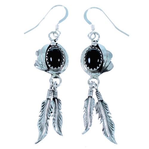 Onyx Navajo Sterling Silver Feather Hook Dangle Earrings RX110929