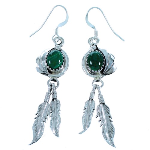 Malachite Navajo Indian Sterling Silver Feather Hook Dangle Earrings RX110932