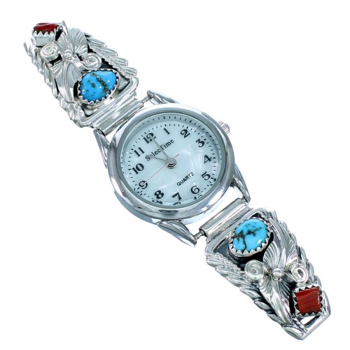 Turquoise And Coral Navajo Sterling Silver Scalloped Leaf Watch SX110959