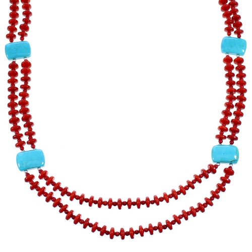 Turquoise And Coral Navajo Sterling Silver 2-Strand Bead Necklace SX111098