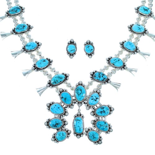 Turquoise Navajo Sterling Silver Squash Blossom Necklace Set SX111195