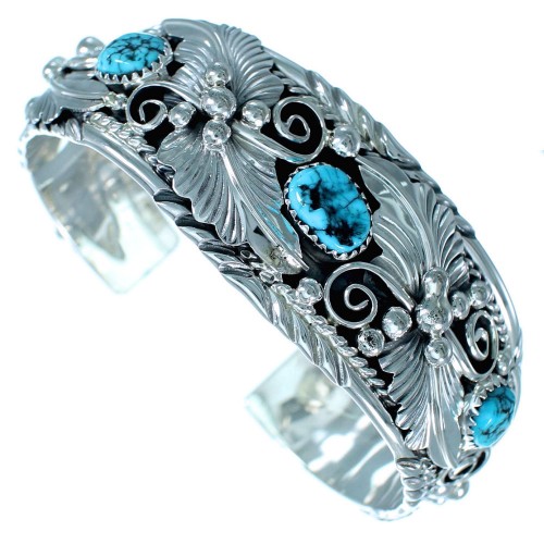 Navajo Sterling Silver Scalloped Leaf Turquoise Cuff Bracelet SX111351