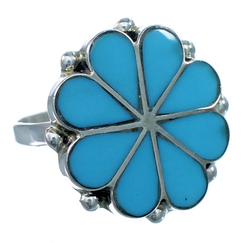 Turquoise And Sterling Silver Inlay Zuni Flower Ring Size 7-1/4 SX111563