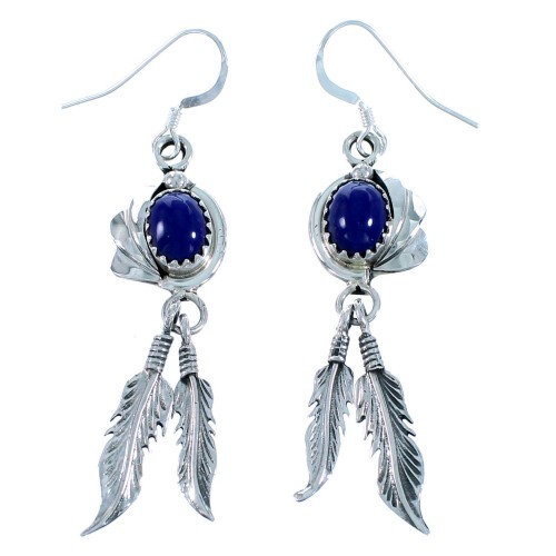 Sterling Silver Navajo Lapis Feather Hook Dangle Earrings SX111875