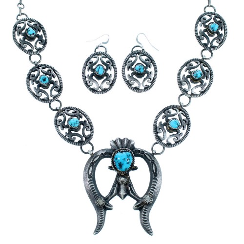 Navajo Old Pawn Style Sterling Silver Turquoise Naja Link Necklace Set SX111771