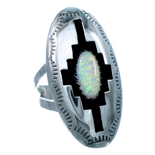 Genuine Sterling Silver Opal Native American Ring Size 5-1/2 RX118913