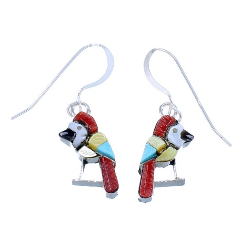 Sterling Silver Multicolor Zuni Indian Parrot Hook Dangle Earrings RX112317