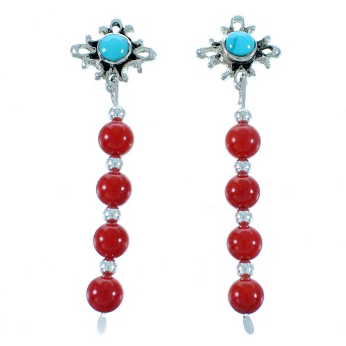 Sterling Silver Southwest Turquoise And Coral Post Dangle Earrings SX112633