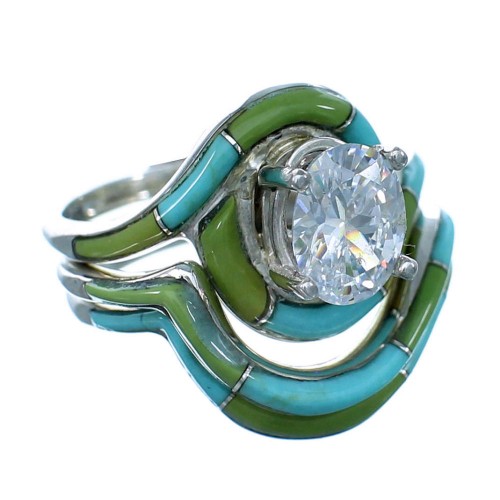 Turquoise Inlay Sterling Silver Cubic Zirconia Wedding Ring Set Size 6-1/2 LX113087