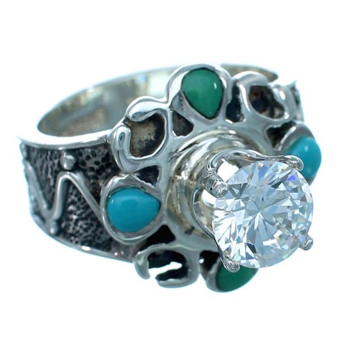 Genuine Sterling Silver Flower Cubic Zirconia Turquoise Inlay Ring Size 6-1/2 LX113104