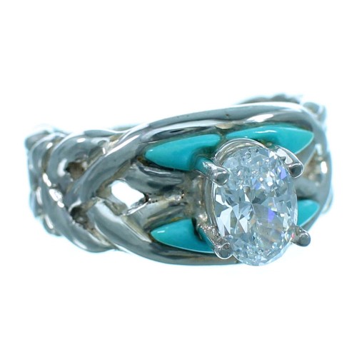 Sterling Silver Cubic Zirconia Turquoise Inlay Wedding Ring Size 5-1/2 LX113121