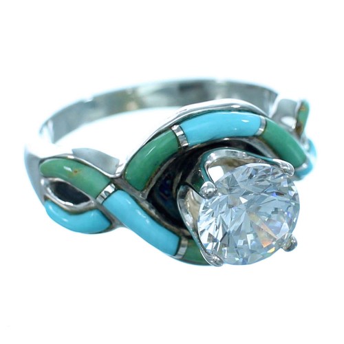 Turquoise Inlay Sterling Silver Cubic Zirconia Wedding Ring  Size 6-1/2 LX113134