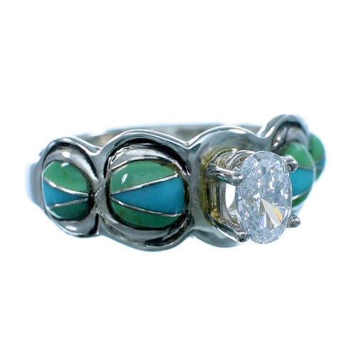  Cubic Zirconia Genuine Sterling Silver Turquoise Inlay Ring Size 7-1/4 LX113167